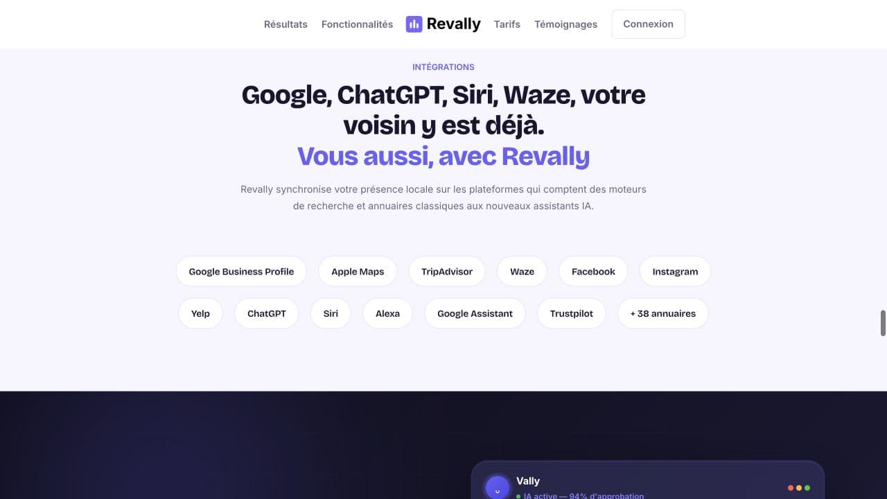 Revally integrations section featuring Google Business Profile, Facebook and Instagram