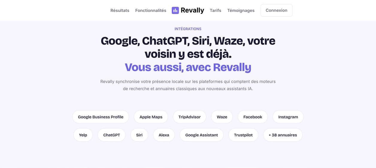 Section publique de Revally présentant les plateformes de présence locale synchronisées par le produit