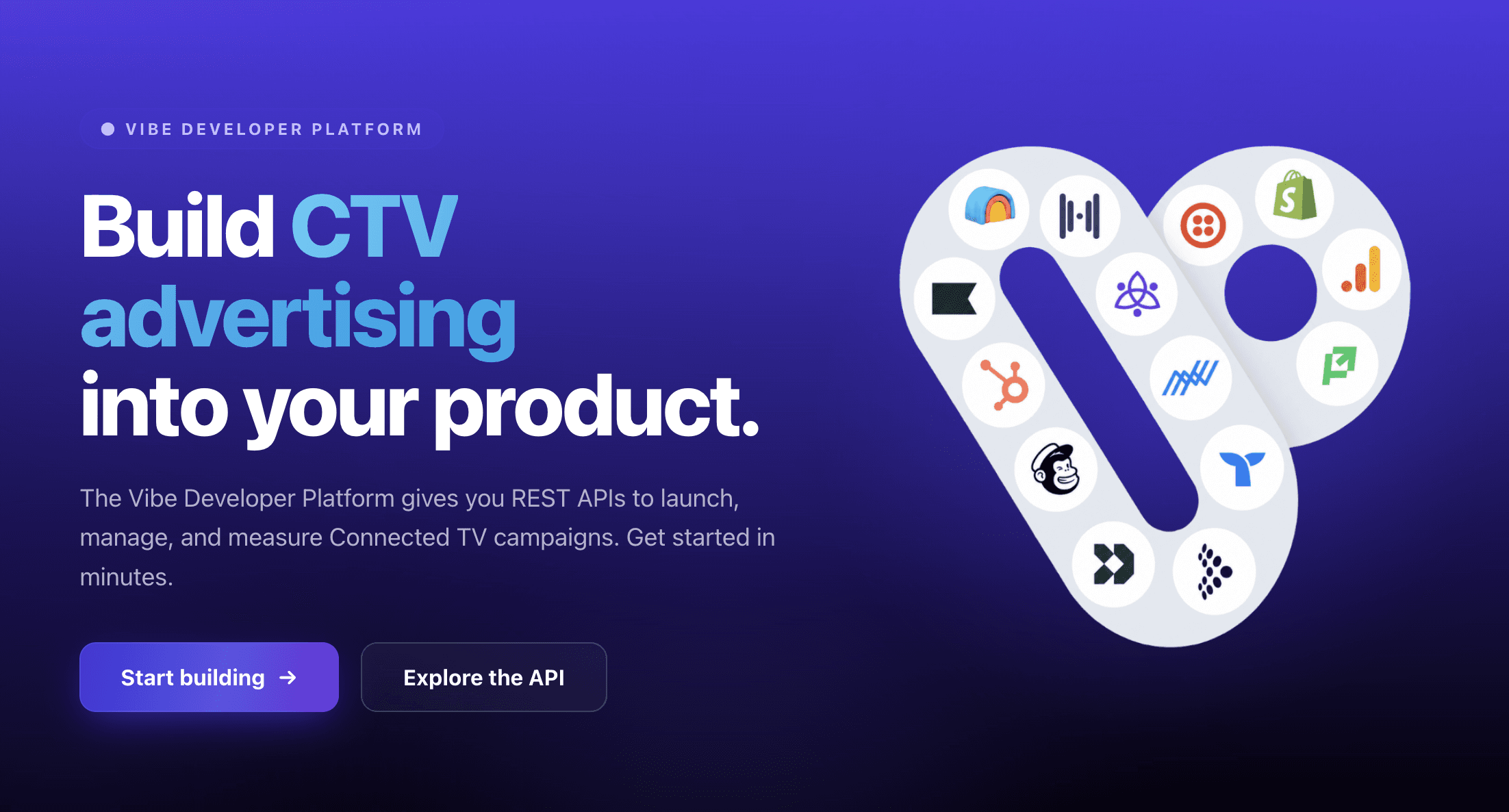 Developer Platform de Vibe présentant les intégrations de publicité TV connectée