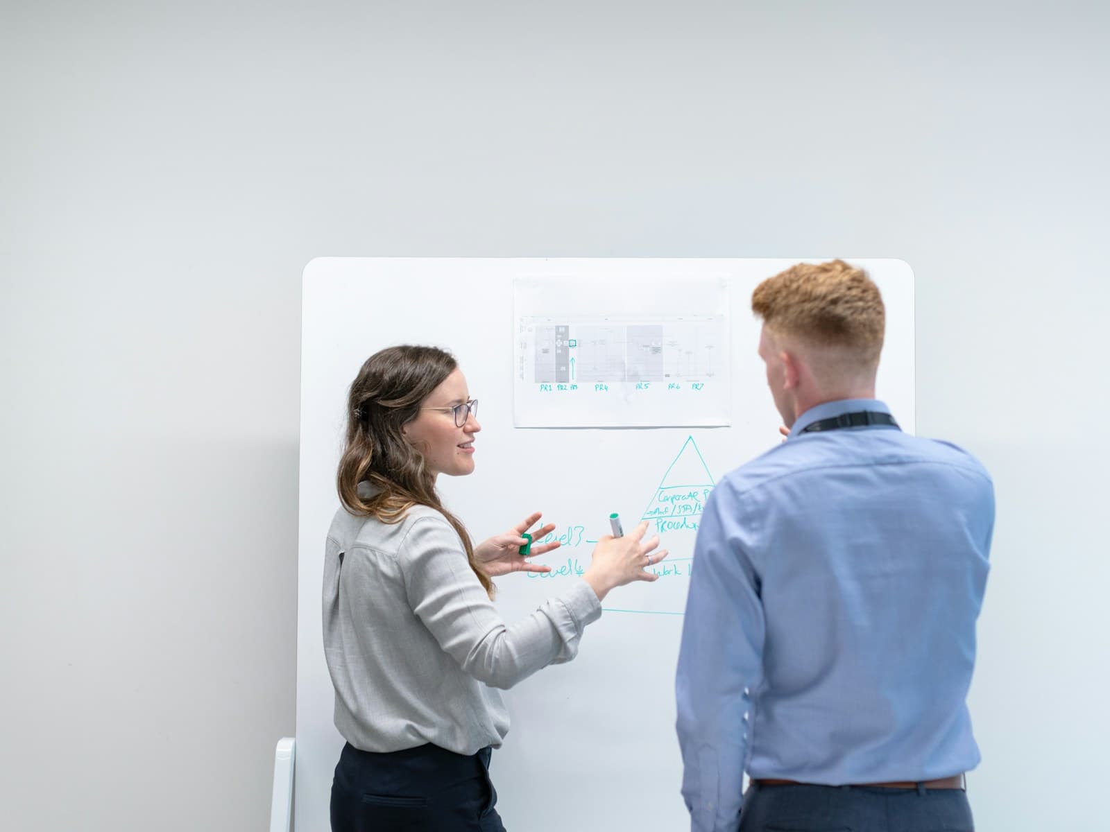 Two engineers discussing an architecture in front of a whiteboard